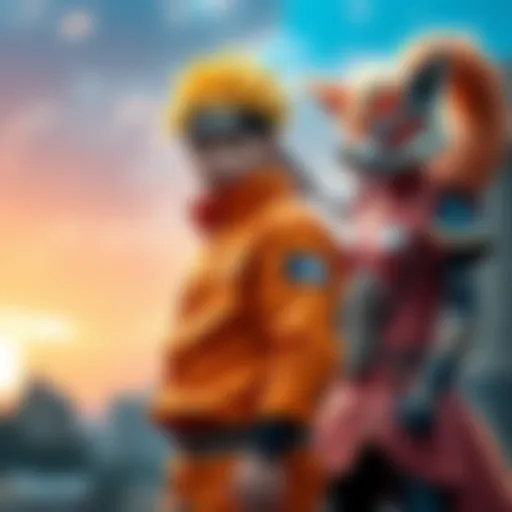 A person dressed as Naruto with orange outfit and spiky yellow hair stands alongside another person dressed as Kurama, the nine-tailed fox, showcasing vibrant costumes and character details.