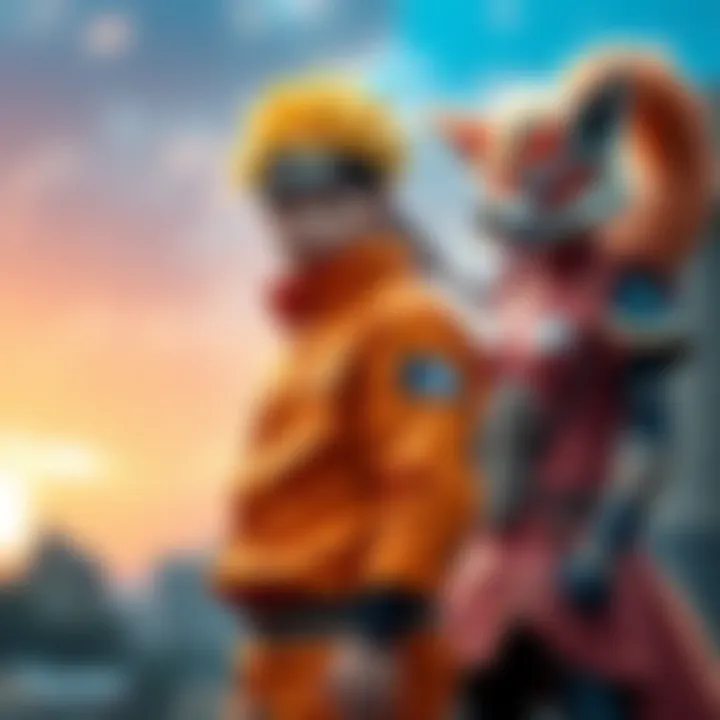 A person dressed as Naruto with orange outfit and spiky yellow hair stands alongside another person dressed as Kurama, the nine-tailed fox, showcasing vibrant costumes and character details.