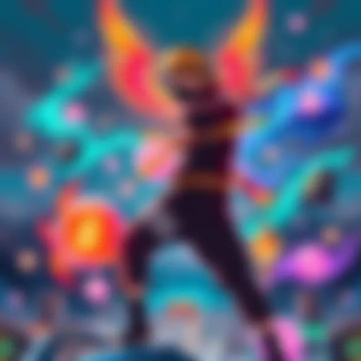 A colorful scene showing a ninja in a dynamic pose surrounded by mystical elements representing legends, with a city skyline in the background.