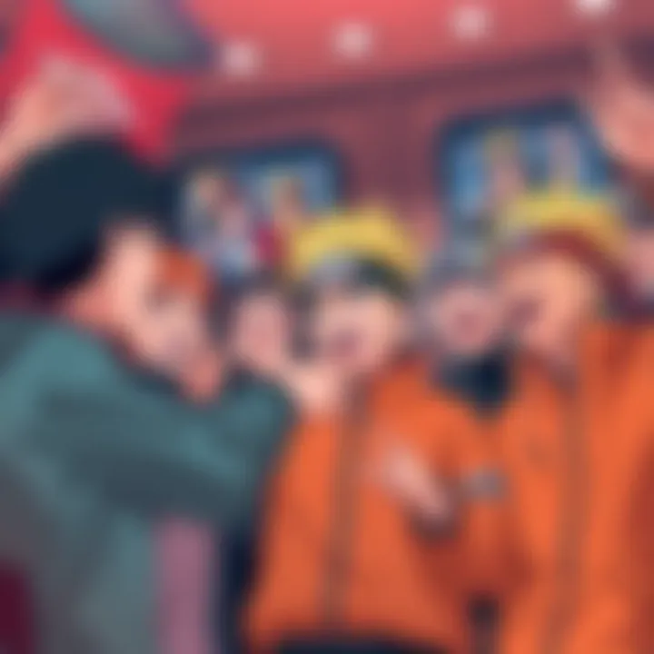 A group of fans excitedly sharing and laughing over funny Naruto pause frames, showcasing bizarre expressions and scenarios from the anime.