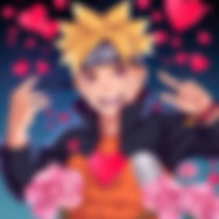 Naruto striking a fun pose with a cheeky smile, surrounded by romantic symbols like hearts and flowers
