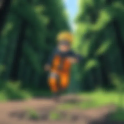 Naruto, a young ninja with spiky blonde hair, wearing an orange jumpsuit, runs energetically through a lush green forest, symbolizing adventure and determination.