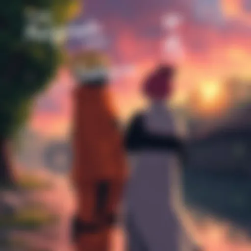 Naruto and Sakura share a moment in the Hidden Leaf Village, with Naruto looking hopeful and Sakura gazing towards Sasuke in the distance.