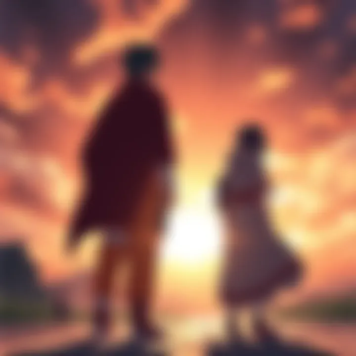 Naruto and Sasuke's Epic Departure Naruto and Sasuke standing heroically with sunlight behind them, while Sakura watches from a distance, imagining sharing their story with children.