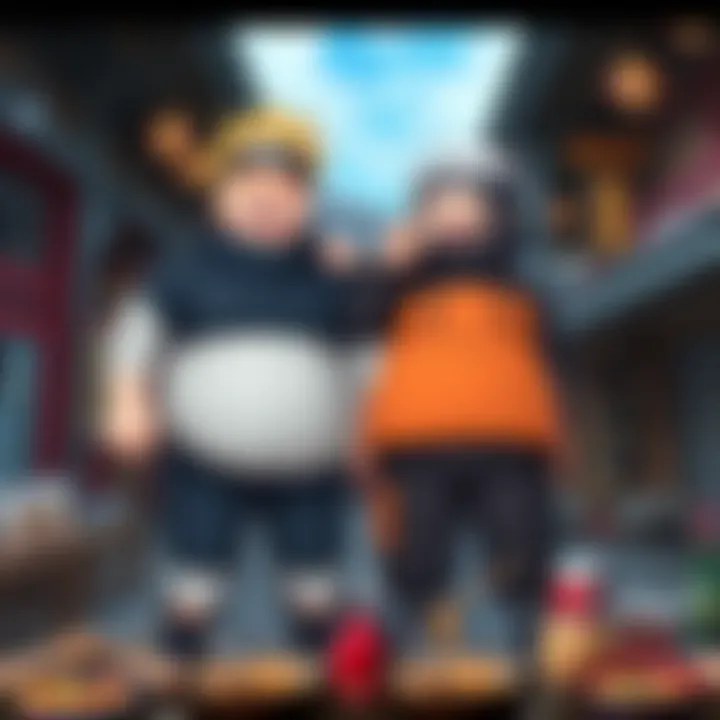 Naruto and Sasuke, both chubby, laughing together in a playful ninja pose, surrounded by ramen and snacks in a colorful village setting.