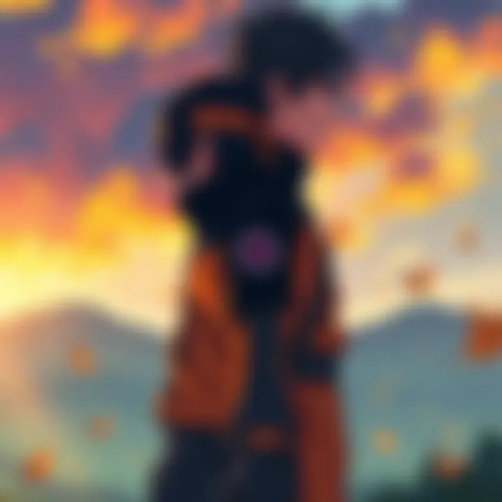 Naruto and Sasuke standing back to back, contemplating their powers and struggles, with a backdrop of a serene landscape.