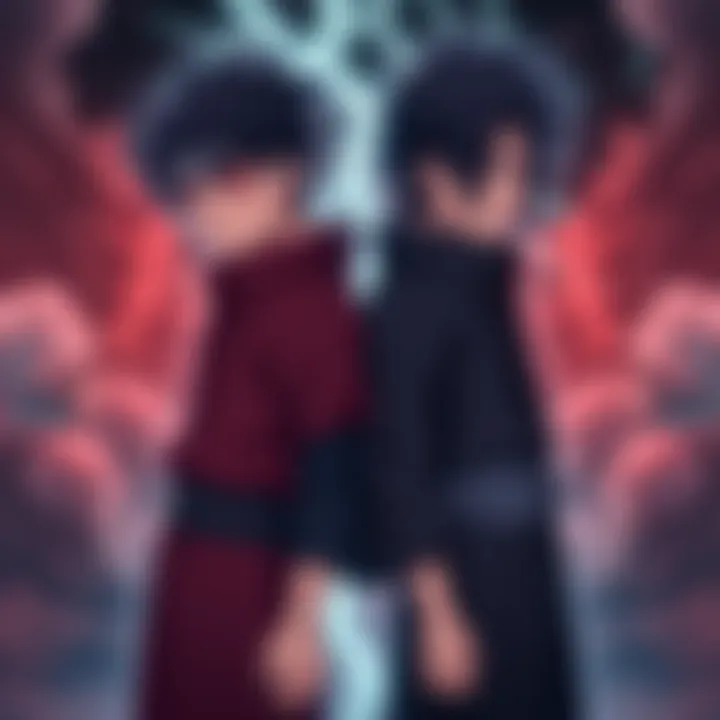 Naruto and Sasuke in dark clothing, standing back to back with serious expressions, surrounded by ominous clouds and lightning, symbolizing their turn to evil.