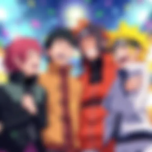 Four main characters from Naruto SD laughing and enjoying each other's company in a colorful setting