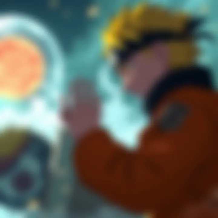 Naruto looks distressed as he faces the barrier of the nine tails seal, struggling against it while Minato's spirit watches worriedly in the background
