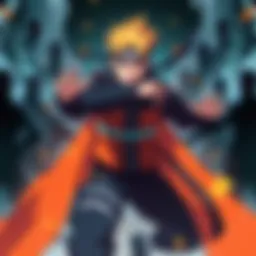 Naruto in action with shadow clones Naruto surrounded by multiple shadow clones showcasing his unique abilities