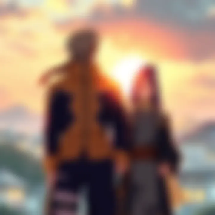 Naruto stands beside Shion, showing a strong bond of loyalty and commitment, with a serene background highlighting their journey.