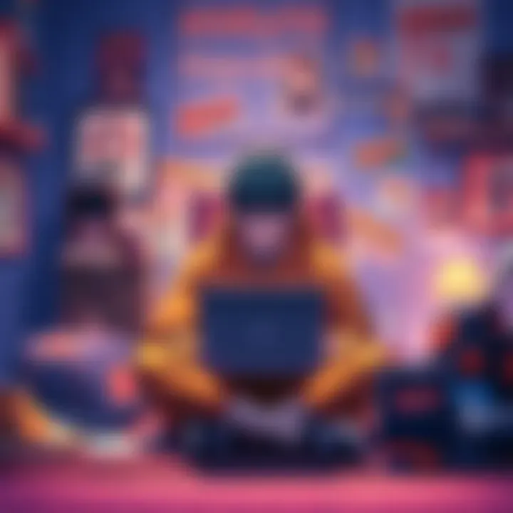 Naruto and Shippuden Review A fan sitting with a laptop, surrounded by Naruto and Shippuden merchandise, contemplating which series to rewatch and review.