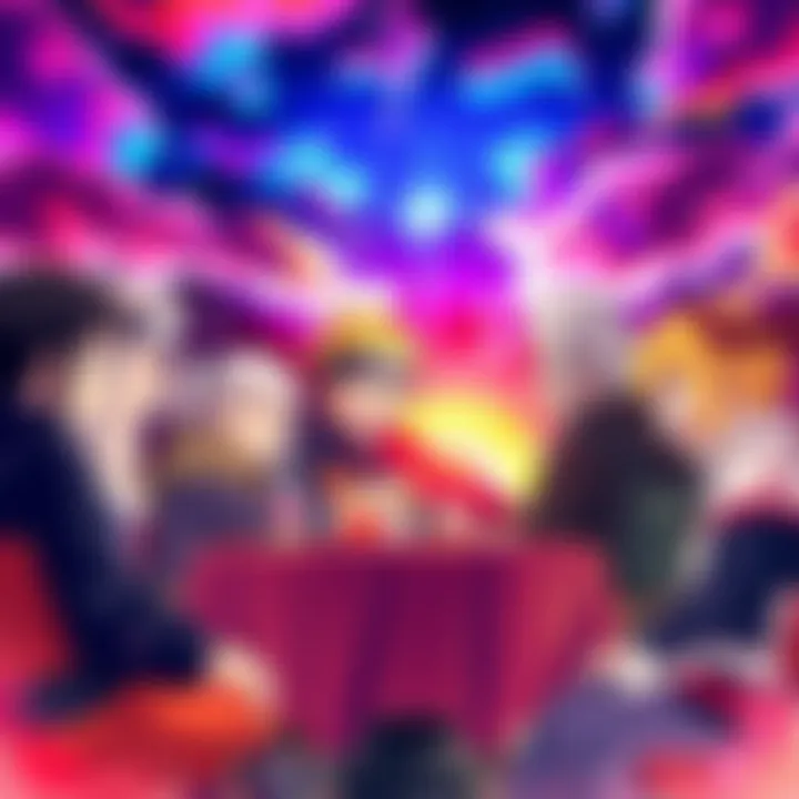 A group of Naruto characters engaged in a lively discussion about their favorite ships, surrounded by vibrant colors and playful expressions