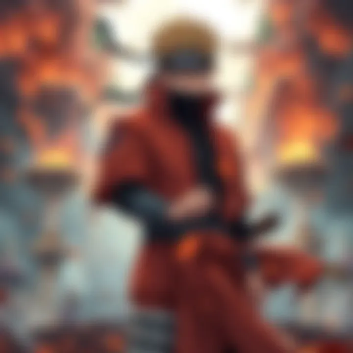 Naruto stands confidently, making a tough choice to let Sakuna live, with a backdrop of a tense battlefield