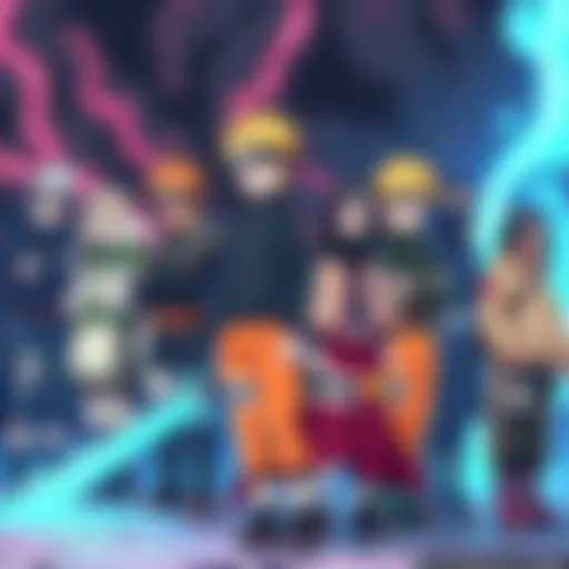 A group of Naruto characters from the Storm games standing together, showcasing their unique abilities and styles.