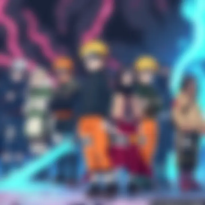A group of Naruto characters from the Storm games standing together, showcasing their unique abilities and styles.