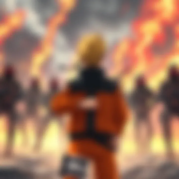 Naruto stands confidently in front of a group of enemies, speaking passionately to change their minds and turn them into allies.