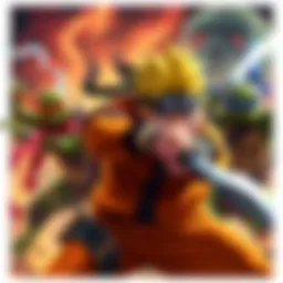 Naruto and Teenage Mutant Ninja Turtles in an action-packed scene, ready for battle with their signature moves.