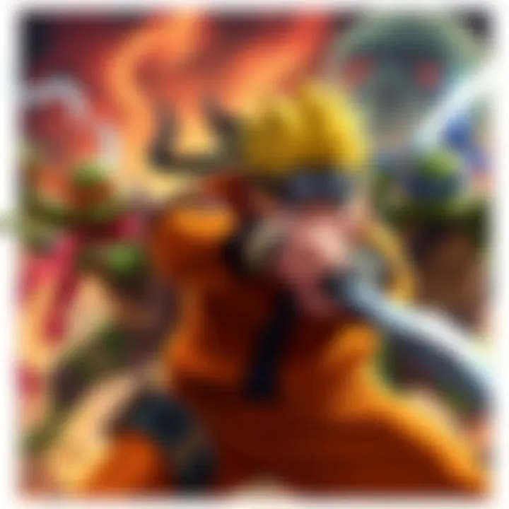 Naruto and Teenage Mutant Ninja Turtles in an action-packed scene, ready for battle with their signature moves.