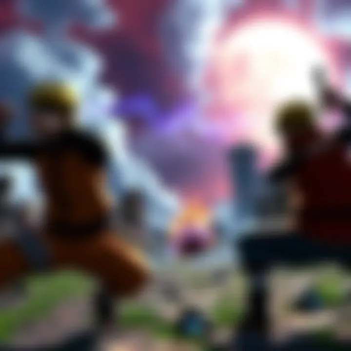 A scene depicting characters from Naruto Ultimate Ninja Storm 2 in an awkward combat position with quest markers visible in the background.