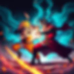 Naruto and Akainu in Battle Naruto and Akainu clash in an epic fight, showcasing their stamina and power with vibrant energy effects around them