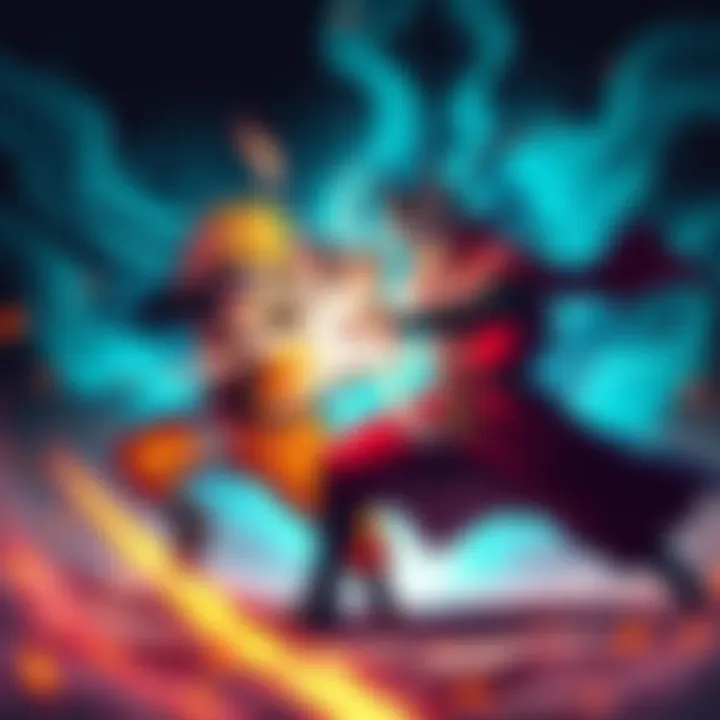 Naruto and Akainu in Battle Naruto and Akainu clash in an epic fight, showcasing their stamina and power with vibrant energy effects around them