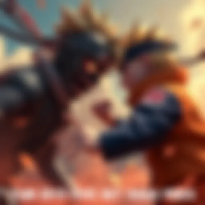 Naruto facing Pain in a live action scene A dramatic scene showing Naruto confronting Pain, with intense expressions and dynamic poses, showcasing their powers in a vibrant environment.