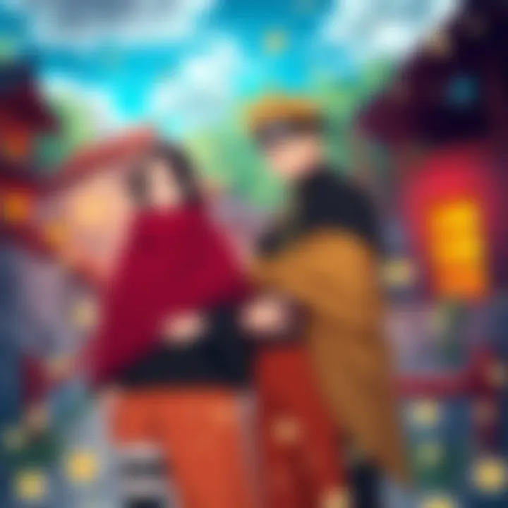 Naruto standing with his father and mother in a colorful village setting, symbolizing parental influence on his growth.