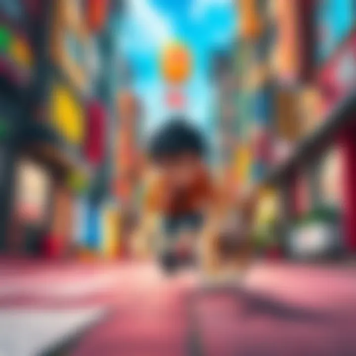 Narutu chasing a cat Narutu runs after a playful cat through a vibrant city street filled with colorful buildings