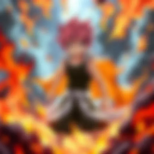 Natsu stands ready, surrounded by flames, showcasing his strength and determination before a big battle.
