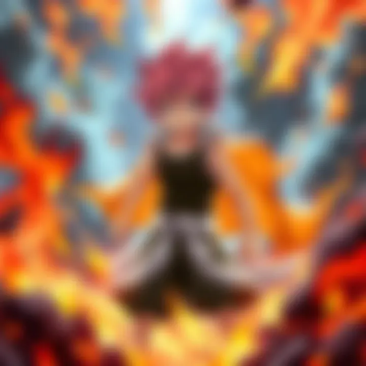 Natsu stands ready, surrounded by flames, showcasing his strength and determination before a big battle.