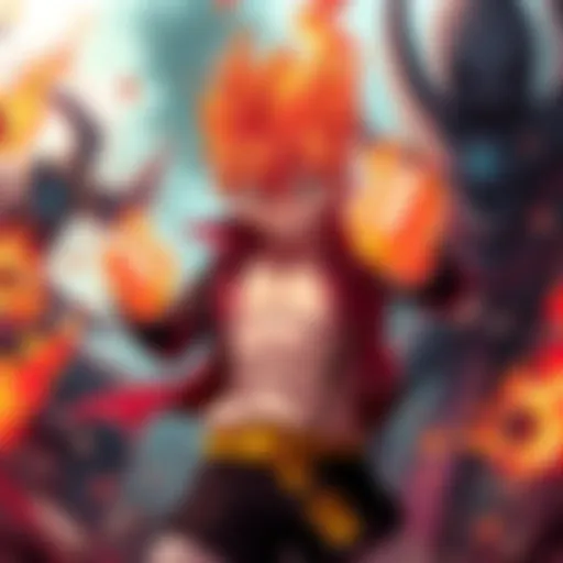 Natsu stands ready to confront a villain, his fists glowing with fiery energy, surrounded by chaos and destruction.