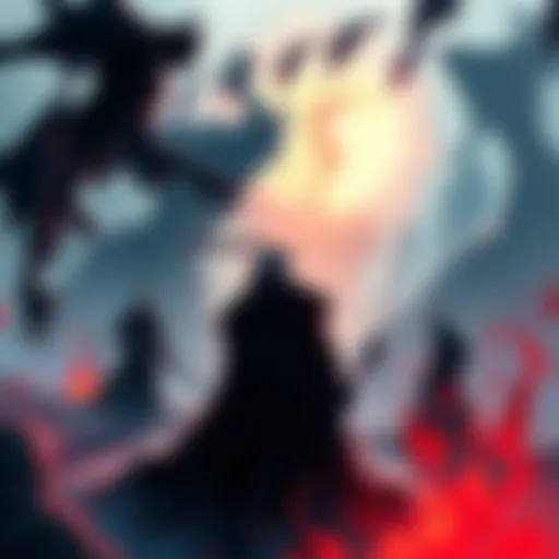 A scene depicting a dramatic moment of Natsu's death, with Zeref looking on in despair, surrounded by shadows representing demons and cultists.