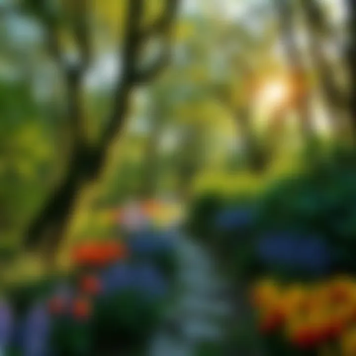 A serene view of a lush green forest with colorful flowers and art installations scattered throughout, highlighting the harmony between nature and creativity.