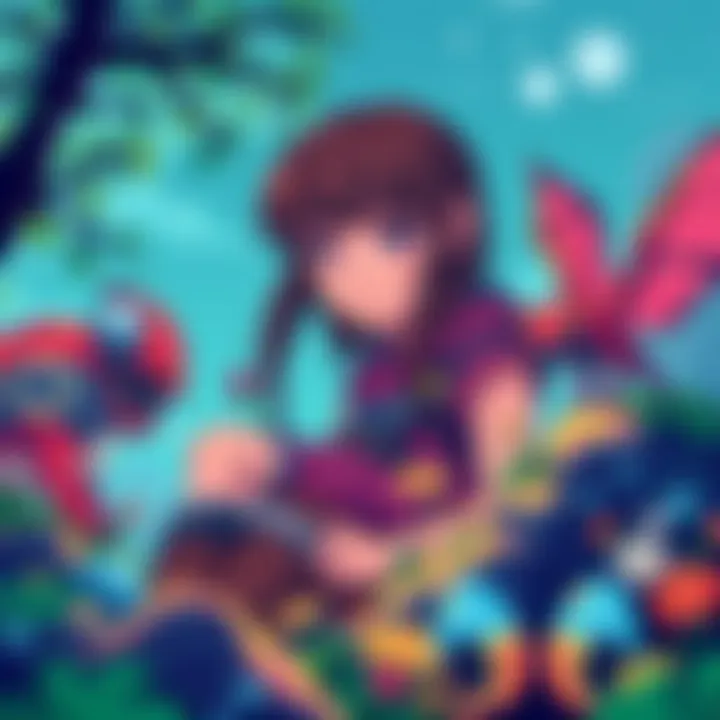 Colorful pixel art of Nausicaä surrounded by nature and creatures from her world