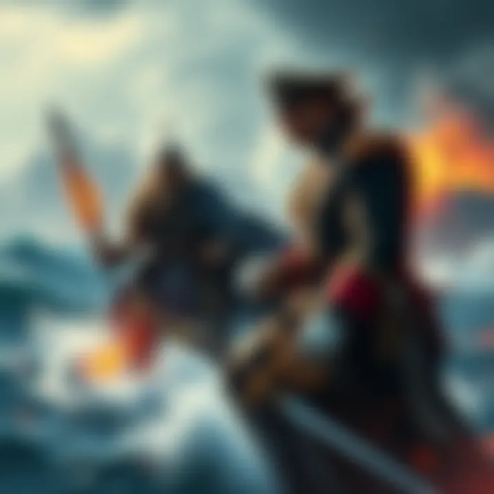 Naval Leaders Clash A powerful confrontation between a Godking Commander and a modern admiral, showcasing contrasting naval tactics and styles on a stormy sea.