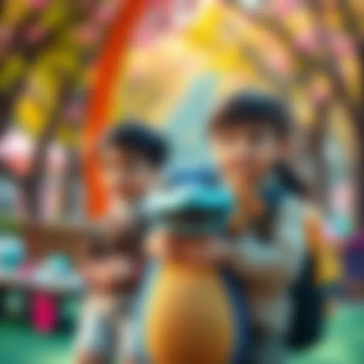 Nayuta enjoys a fun moment with her brother and a weezo in a colorful park setting