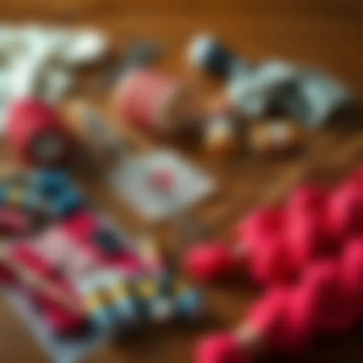 A display of various needlecraft tools, including embroidery threads, needles, and fabric swatches, arranged on a wooden table.