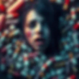 A visual representation from the Needy Girl Overdose featuring a girl in distress surrounded by pills and chaotic elements