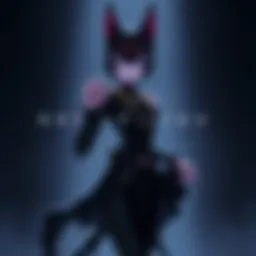 Neferpitou, a striking cat-like character with a fierce expression, stands confidently with her paw raised, showcasing her dark attire and her menacing presence, surrounded by a shadowy background tha...