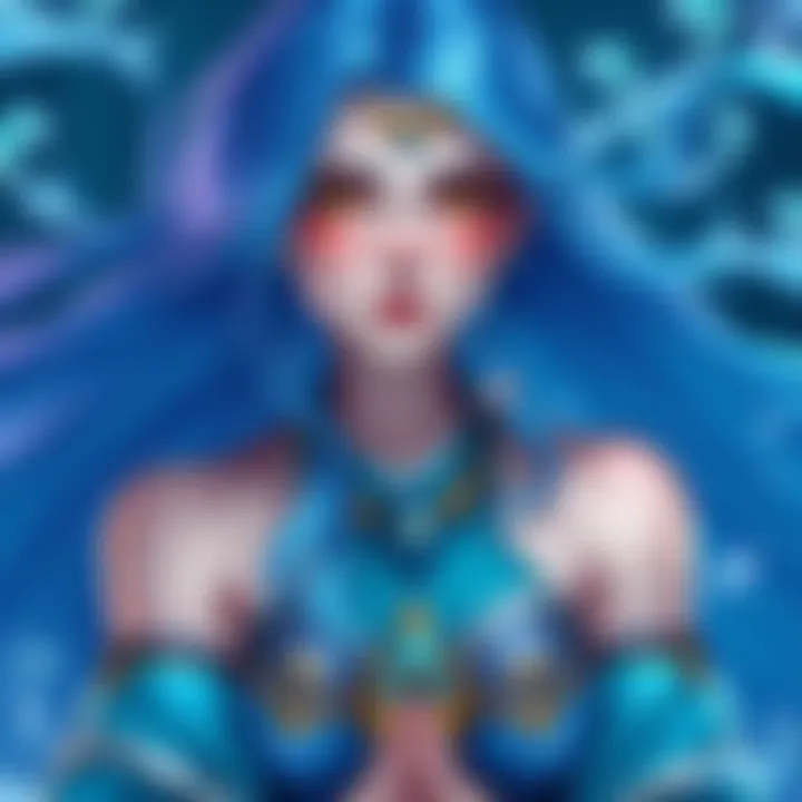 Nelly Laufeyson dressed as Juvia Lockser, showcasing her water mage abilities with a blue outfit and flowing hair, expressing deep emotion.