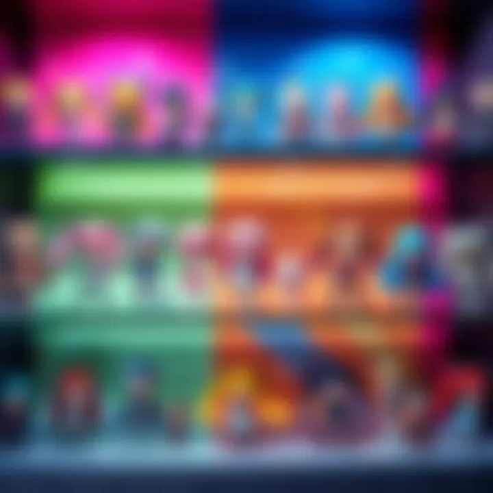 A display of various Nendoroid figures arranged on a shelf with colorful backgrounds