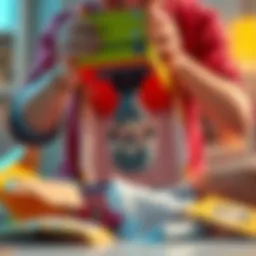 A person excitedly unboxes a Nendoroid figure, showing it upside down in a brightly colored box, with packing materials scattered around.