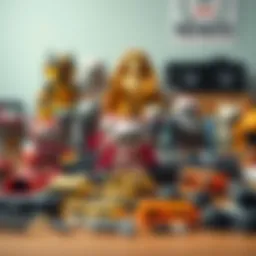 A collection of Nendroid figures and their missing accessories laid out on a table, highlighting the challenge of finding specific parts for collectors.