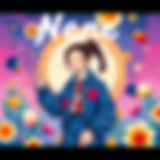 Colorful jacket illustration designed by Ina and Raora for Nene's debut album 'Peachful Story' featuring vibrant art and playful elements.