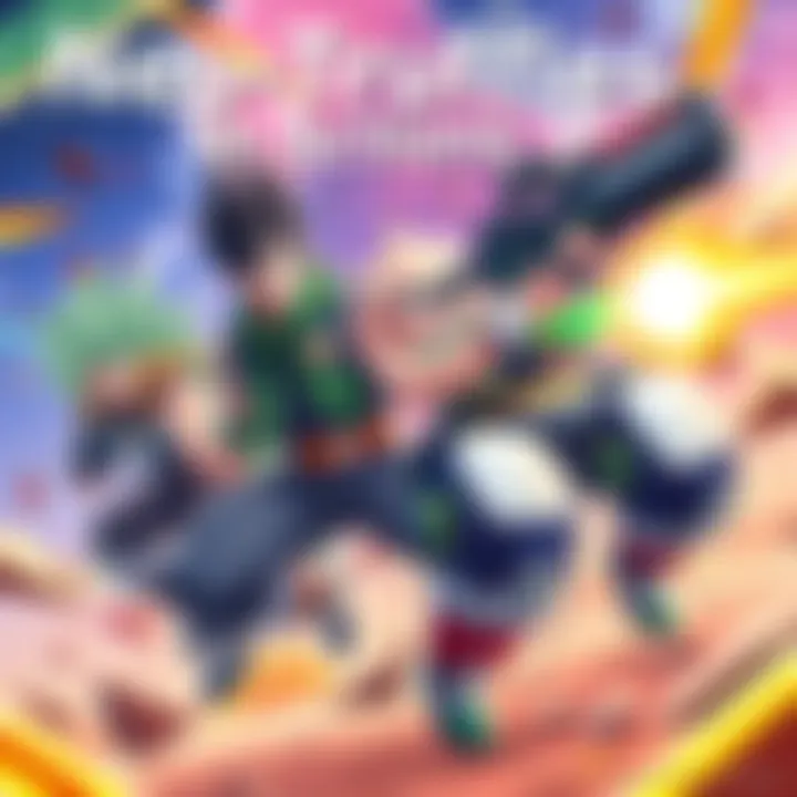 A dynamic scene of Neo-Truffles, hybrid characters blending Majin and Saiyan traits, showcasing their unique powers in a vibrant battle setting. They are equipped with scouters and guns, displaying di...