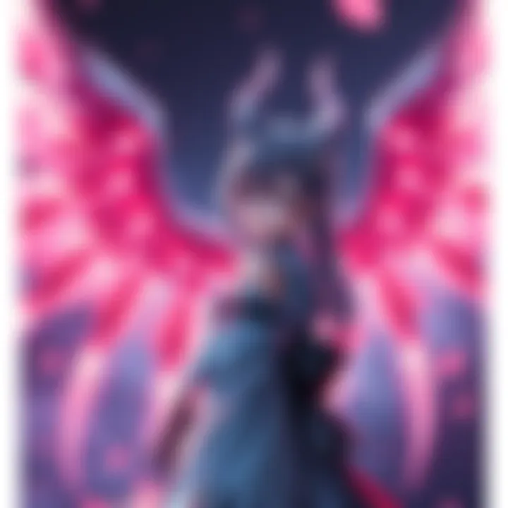 Neon character design featuring angelic wings with her Nen beast in the background, highlighting the connection between them.