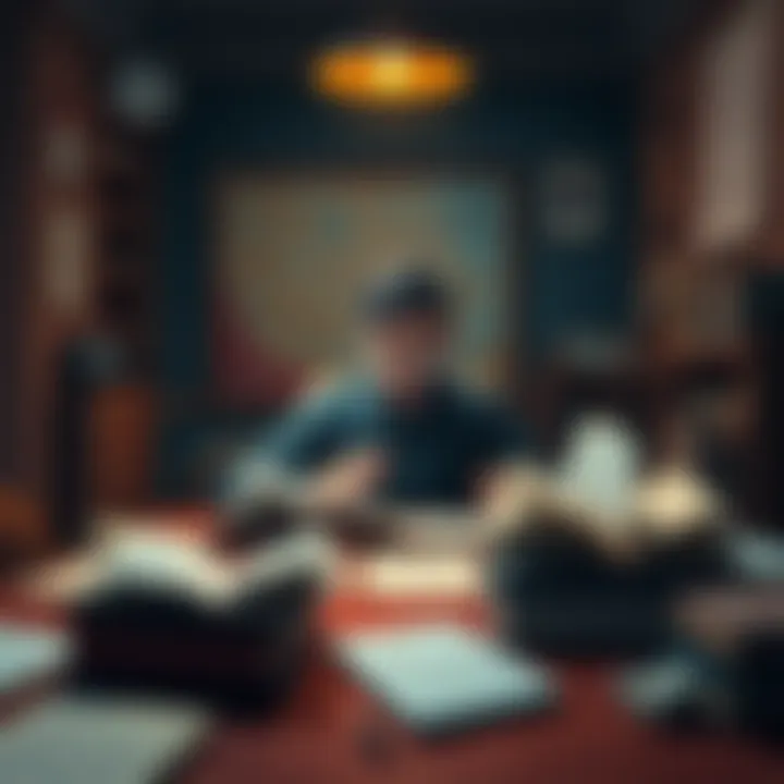 A person sitting at a table with a puzzled expression, surrounded by books and papers discussing irony and satire.