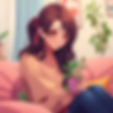 Nerissa as an Anime Mom Nerissa, in vibrant anime style, gently caring for a small plant symbolizing self-care, surrounded by cozy home elements.