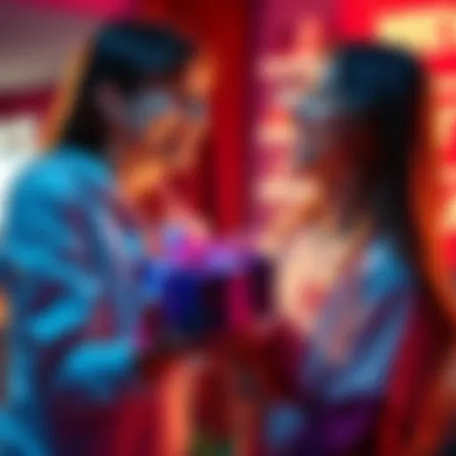 Nerissa giving Calli a heartfelt gift, both smiling with joy